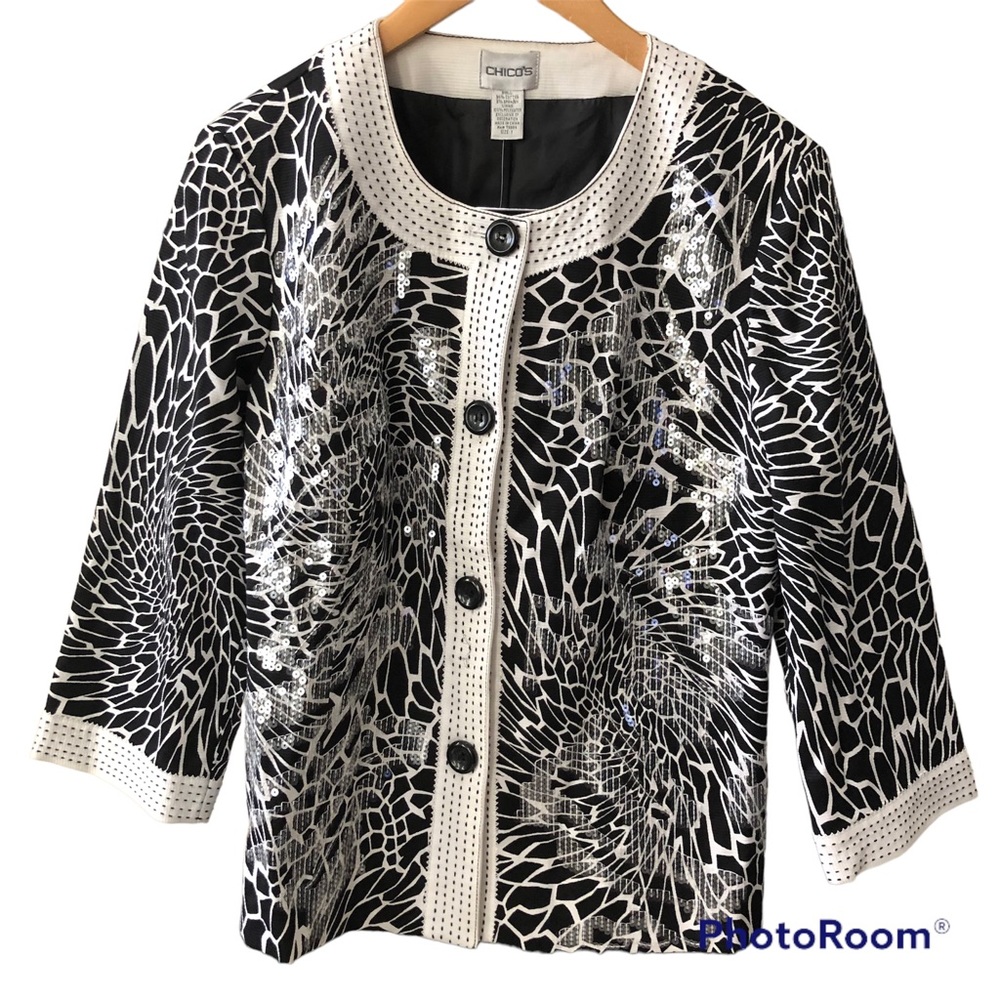 NEW Chicos jacket black & white print sparkling firecracker benetta Size Medium